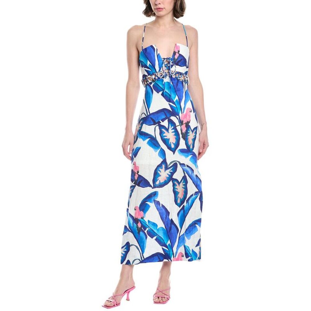 Farm Rio Womens Blue Foliage Linen Maxi Dress